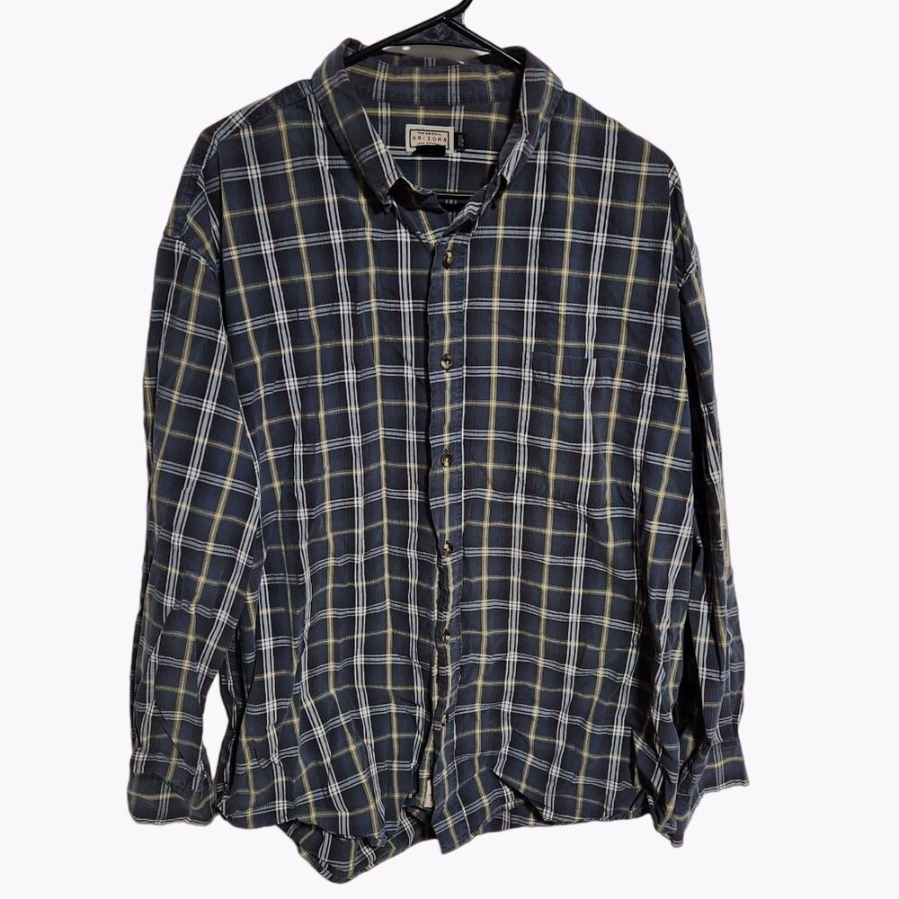 Arizona Jean Company Button Front Shirt Mens Size XL Blue Plaid Long Sleeve